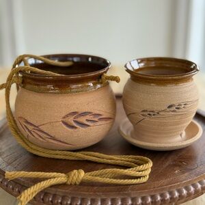 Handmade Studio Pottery Planters Flower Pots Set of Two Wheat Design